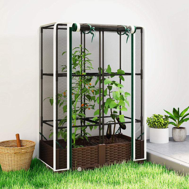 Raised Garden Bed with Trellis, 46.5" Tomato Cage with Crop Cage, Self Watering Planter Box with Drainage Holes and Plugs for Outdoor Patio Climbing Plants, Vines, Vegetables, Flowers, White