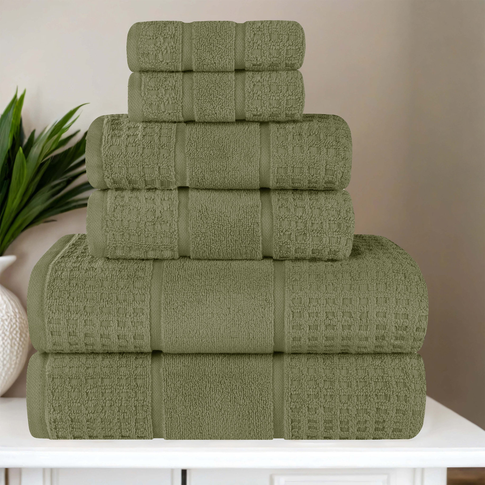 Hisela 3-Piece Waffle Cotton Towel Set, Forest Green, 6 Piece Towel Set
