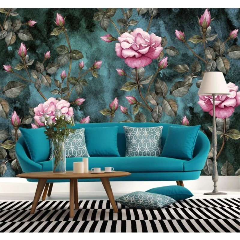 Papier peint amovible avec fond noir et fleurs roses, L 75 po x l 112 po