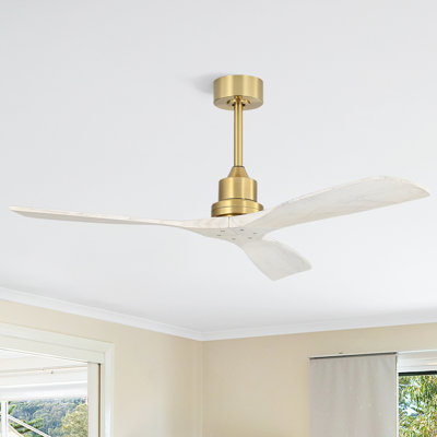 Ventilateur de plafond classique à 3 pales en bois massif 52 po avec télécommande et sans lumières Sofucor Kemp, or et gris clair