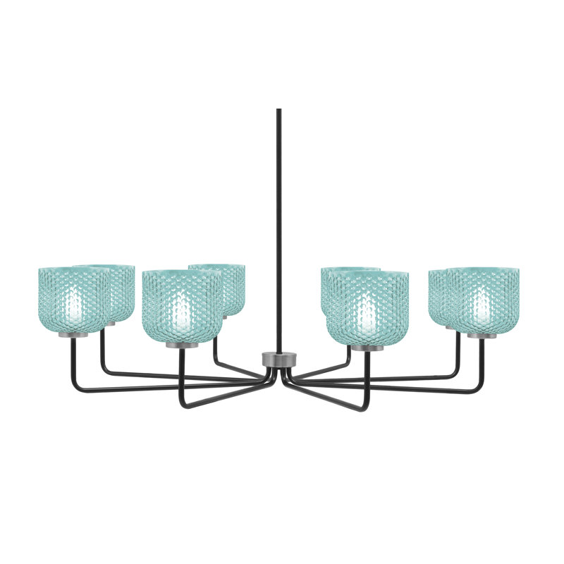 Lustre 8 lumières Amarmula, noir mat et finition graphite, verre texturé turquoise 6 po, Sarcelle, Noir / nickel