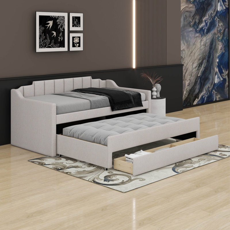 Lit de jour simple rembourré avec couchette et tiroirs., Beige