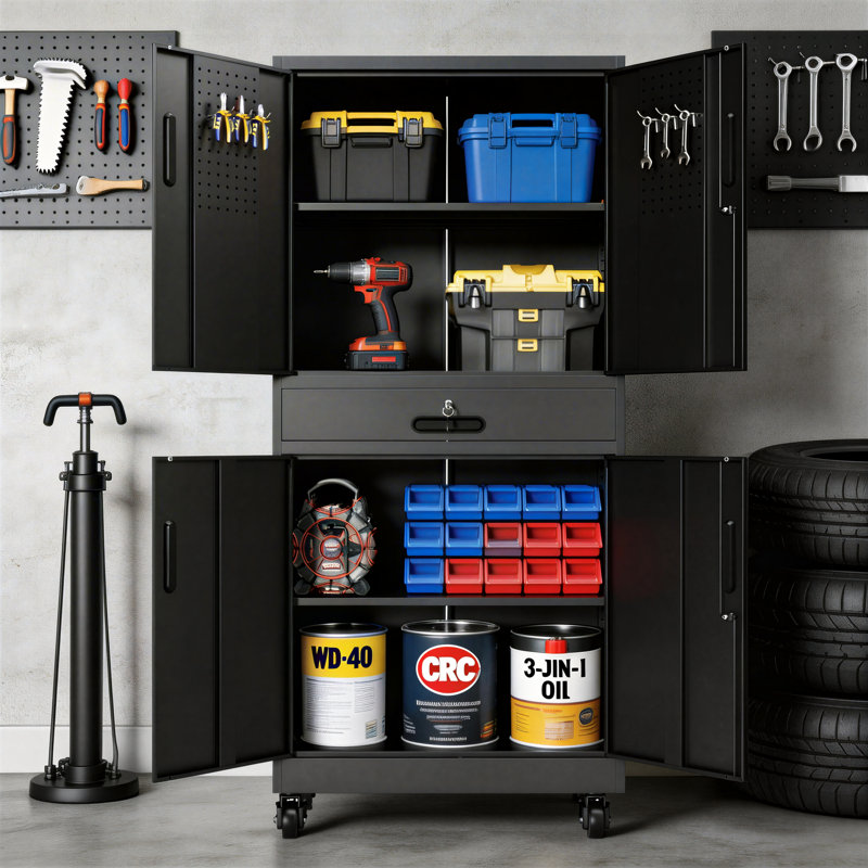 71.2-Inch Metal Locker With Drawers, Lockable Doors, 2 Adjustable Shelves, Pegboard, And 8 Hooks. Heavy-Duty Tool Cabinet With Wheels. Suitable For Home And Office Use. Black.