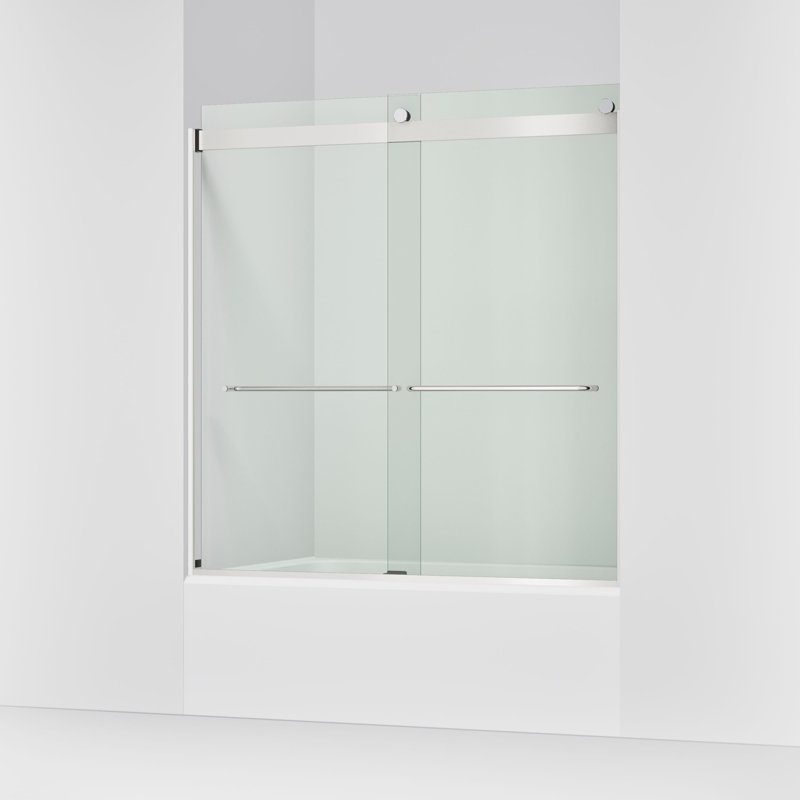 Levity 59.63" x 62" Bypass Bath Door with CleanCoat® Technology, Clear, Bright Silver