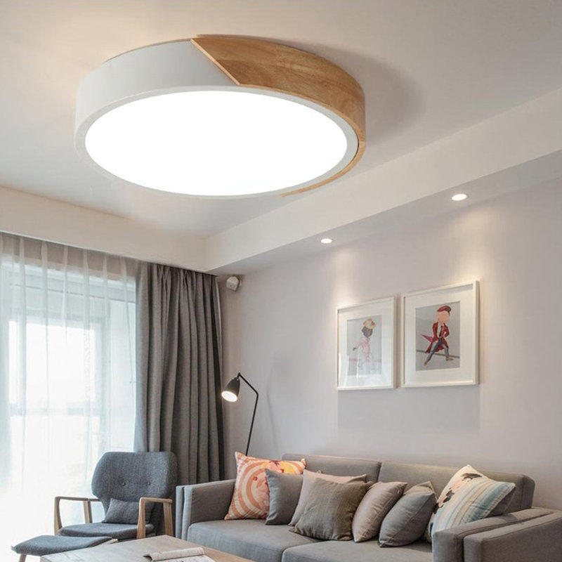 Metal and Wood LED Flush Mount Ceiling Light 4500K White, White, 4500K