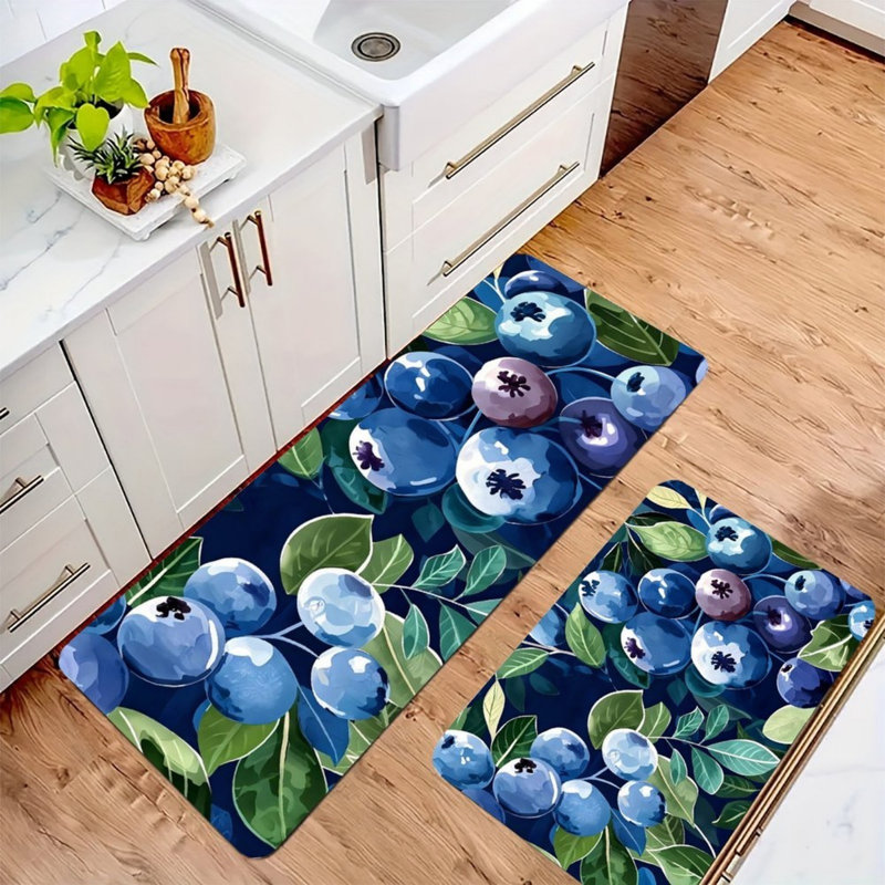 Ensemble de 2 tapis de cuisine Watercolor Blueberry pour cuisine, bleu et vert