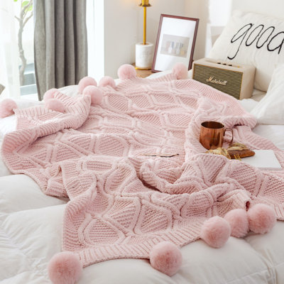 Chenille knit throw blanket with pom poms