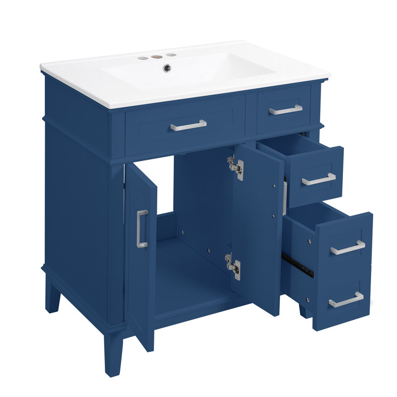 30" Bathroom Vanity With Ceramic Top, Cabinet And Drawers, Blue