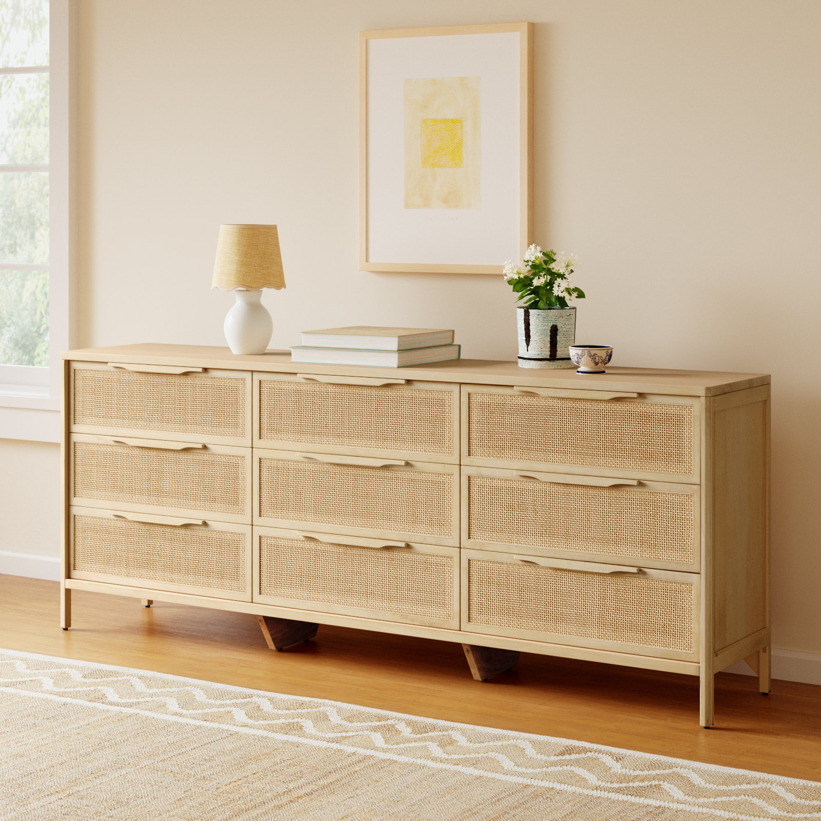 Nellie 9 Drawer Cane Dresser, Natural Mango