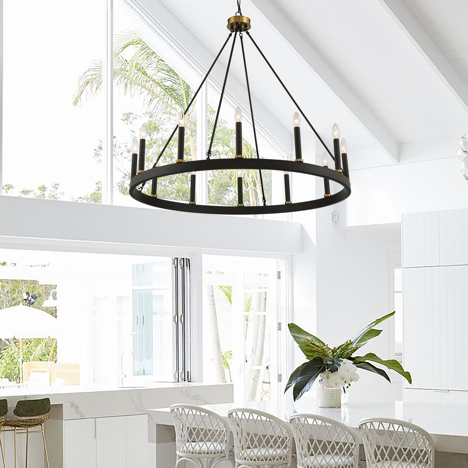 Madalyn 12 - Light Candle Style Wagon Wheel Chandelier, Black/Brass