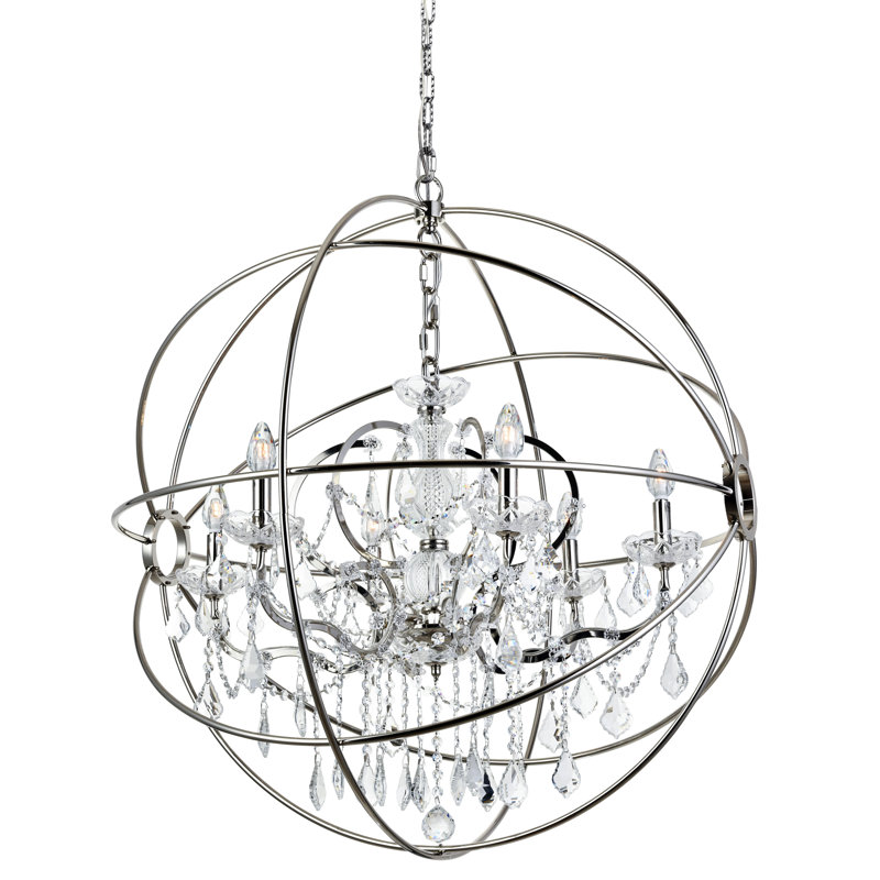 Svante 6 - Light Candle Style Globe Chandelier with Crystal Accents, Crystal (Clear), Polished Nickel
