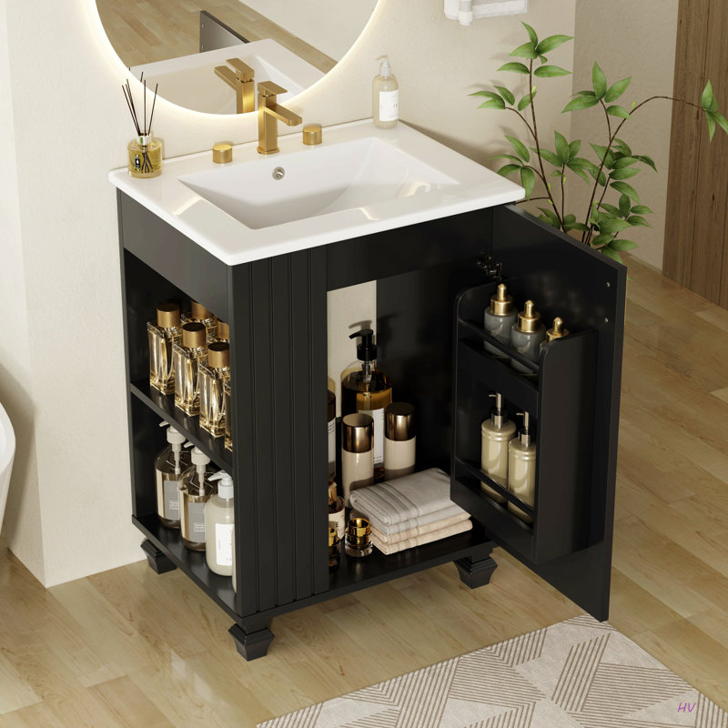 Meuble-lavabo 24 po avec lavabo, armoire de salle de bain avec tablette de porte, rangement latéral ouvert, structure en bois massif, porte à fermeture douce