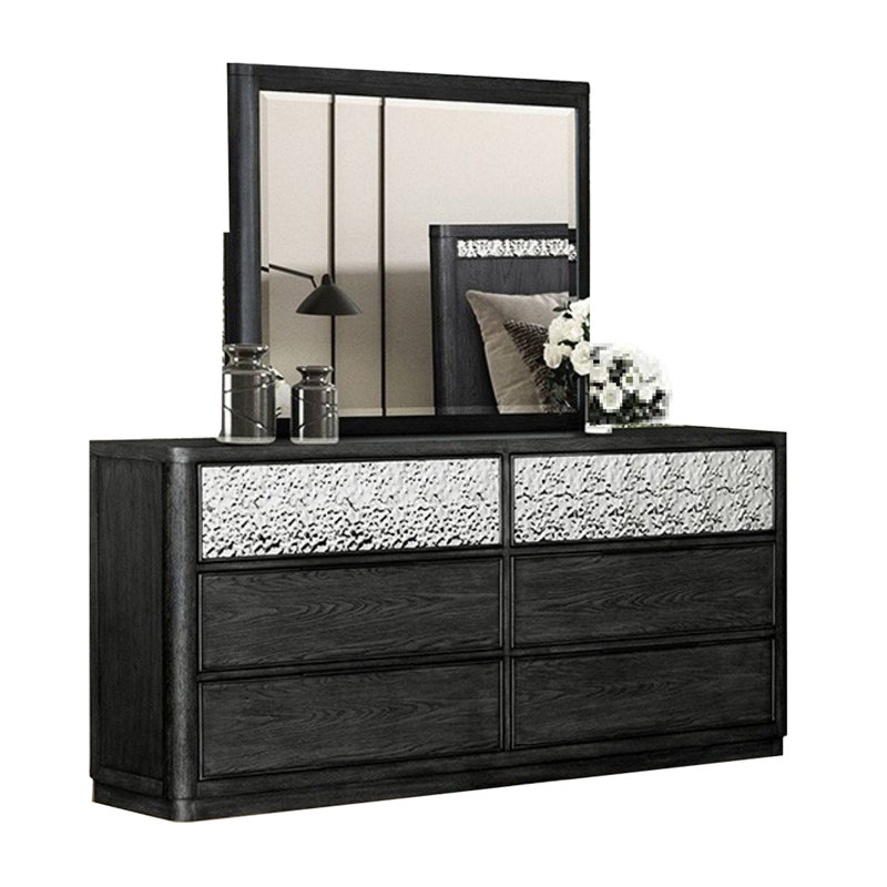 Ensemble de chambre à coucher grand 5 pièces Zoko, 2 tables de chevet USB, miroir de commode gris cendré