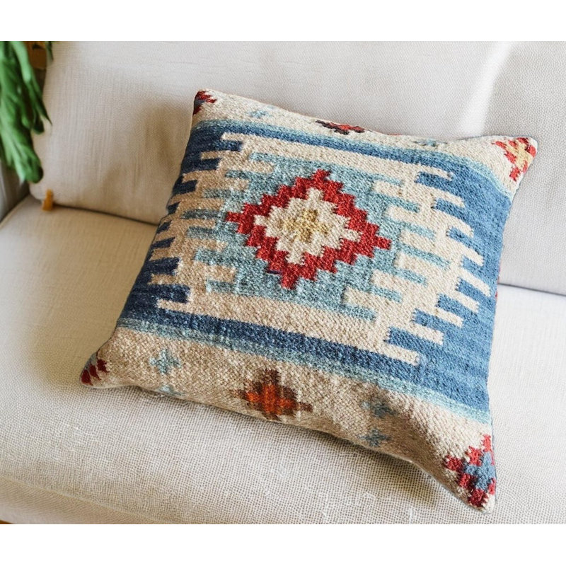 Bimala Kilim Large 50 cm x 50 cm Cushion Cover in Rich Blue Multi Colour Geometric Pattern