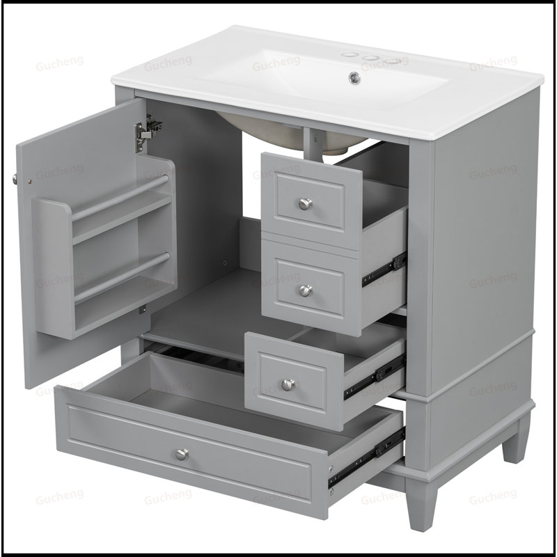 Meuble-lavabo 30 po avec lavabo, tiroir à gauche et tiroir à droite, Gris clair