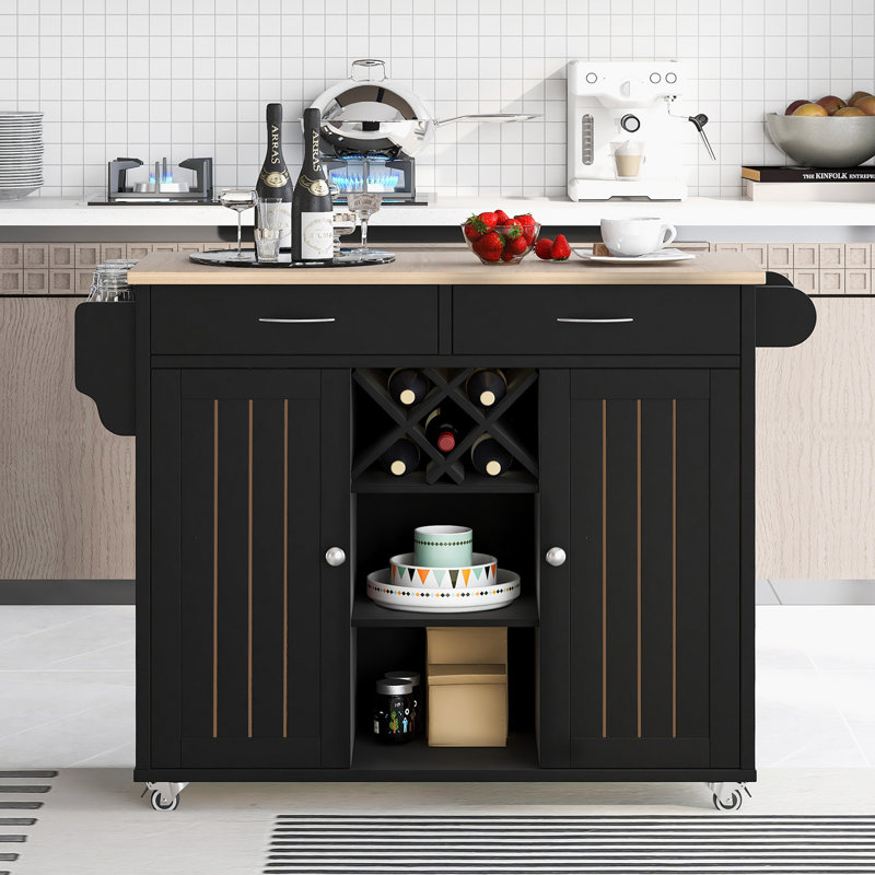 Îlot de cuisine avec deux armoires de rangement et quatre roulettes verrouillables (porte-bouteilles, deux tiroirs, porte-épices, porte-serviettes) (blanc)