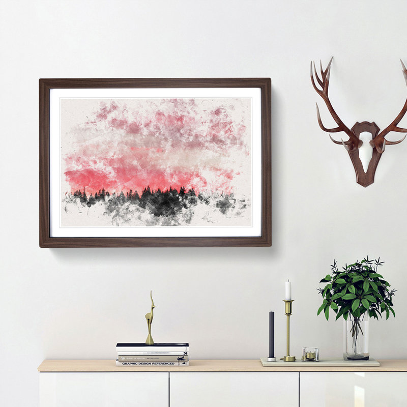 Pink Sunset Above A Forest - Single Picture Frame Print on MDF, Walnut Framed, 33cm H x 45cm W x 2cm D