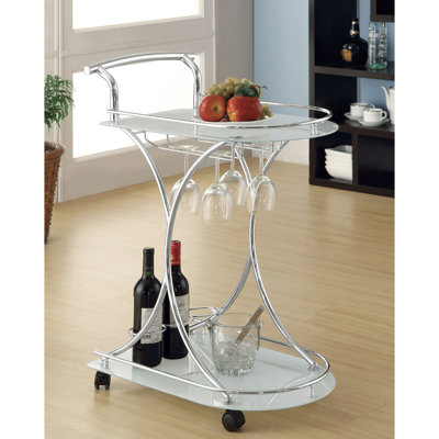 2 Glass Shelf Metal Bar Cart In White , For Dining Room Organization Design, Stemware Rack And Three Wine Rack, 16.13 Inches Deep With Storage Alternative, 26.5W
