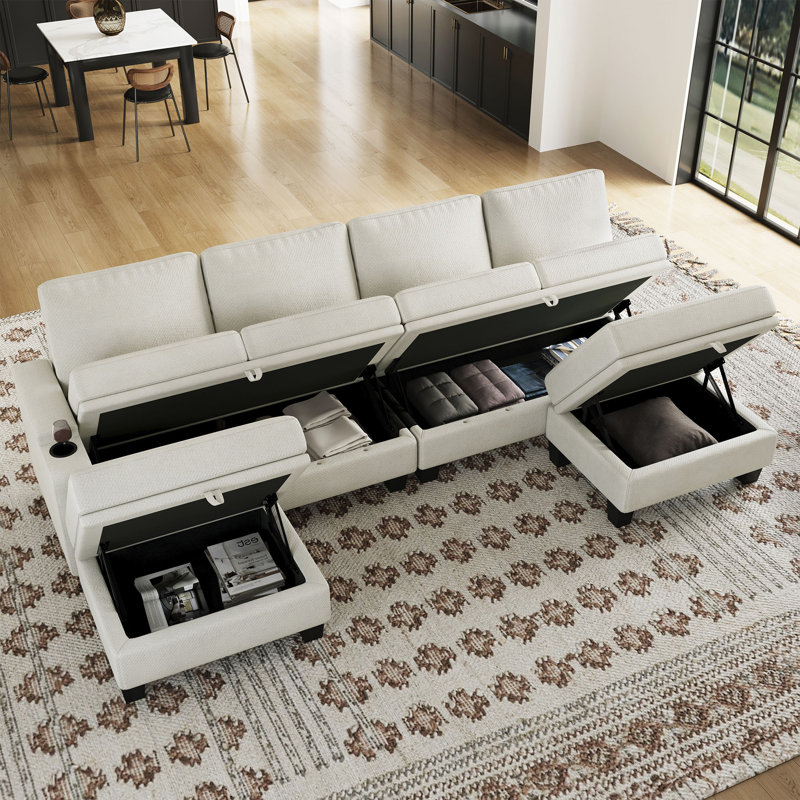 Canapé modulaire en forme de U en chenille Anjana Penveloppa avec sièges de rangement et 2 repose-pieds de rangement mobiles pour le salon d'un appartement