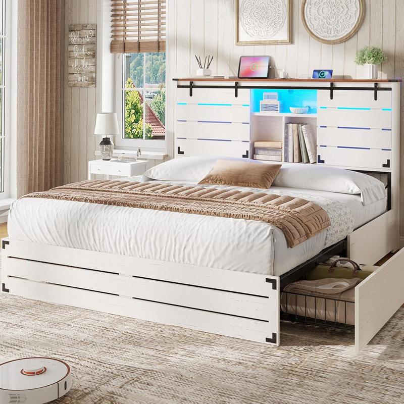  Farmhouse Full Bed Frame with Charging Station, LED Lights and 4 Storage Drawers, No Box Spring Needed, White, White, Full