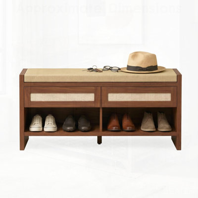Shoe Bench with Cushioned Seat, 2 Rattan Drawers and Open Storage Shelf for Entryway Organization