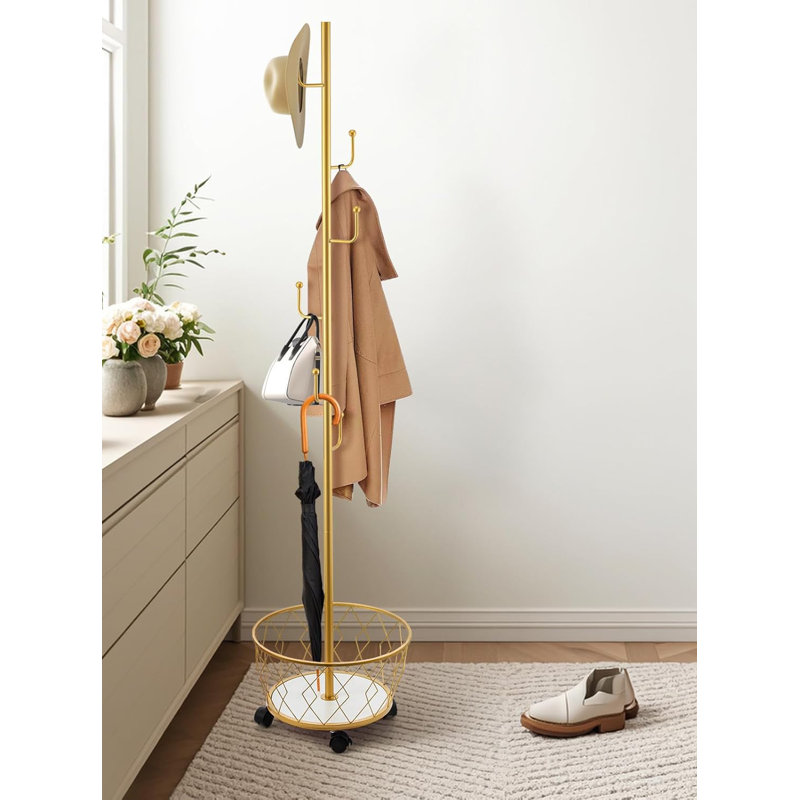 Metal 6-Hook Freestanding Coat Rack with Umbrella Holder, Gold