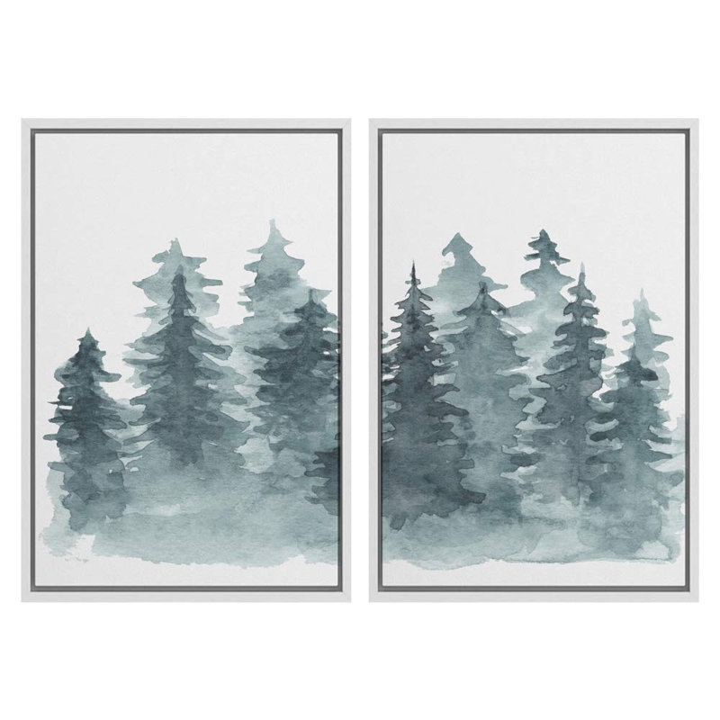 "Woodland Forest", paysage, aquarelle, vert forêt, arbres, art moderne sur toile encadrée 2 pièces, Cadre flottant blanc