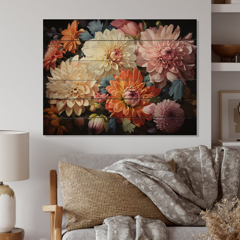 «Mums Mums In Bloom I» sur bois, H 30 po x l 40 po x P 0,78 po