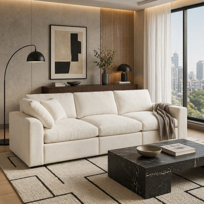 Deep Seat Upholstered Soft Chenille Fabric Couch with Solid Wood Frame & Accent Pillow