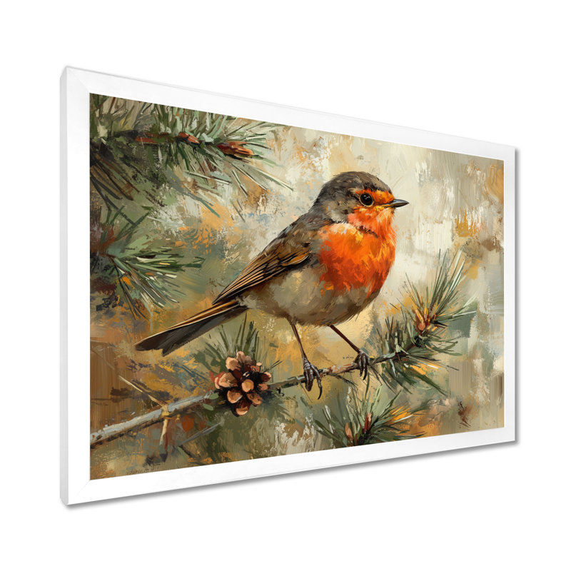Oiseau Robin dans l'auvent II - art mural oiseau, H 16 po x l 32 po, Avec cadre, Blanc