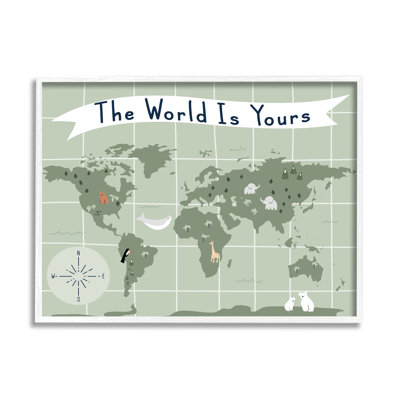 " The World Is Yours Phrase Kid's Green World Map " Graphic Art Print