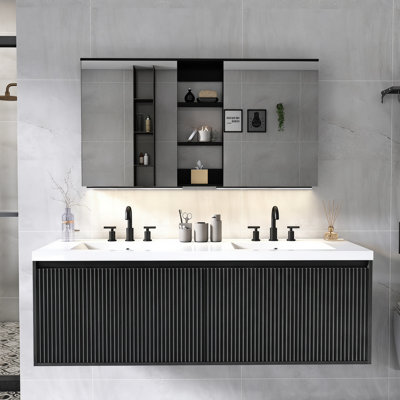 Meuble-lavabo mural 60 po avec lavabo double 60 po, grand meuble-lavabo flottant avec 4 portes à fermeture en douceur, meuble-lavabo moderne cannelé avec lavabo SMC