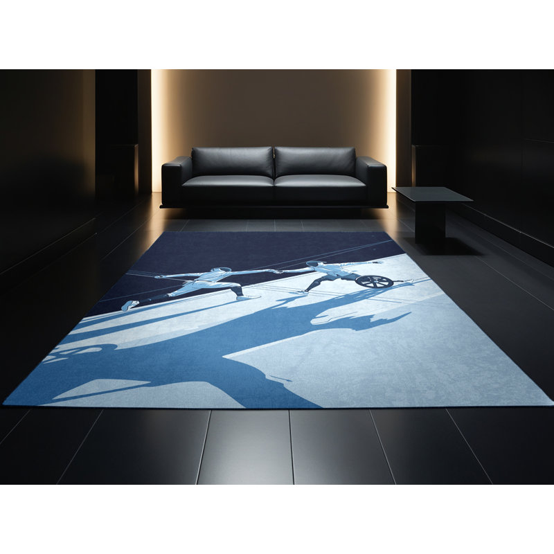 Machine Washable Hubbard Paralympic Fencing Sleek & Chic Modern Rug in Blue – Navy Binding, 2x5