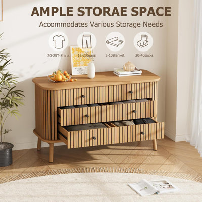 Commode 6 tiroirs, avec poignées noires mates et pieds en bois