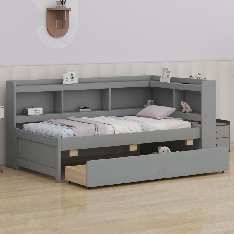 Lit en forme de L avec bibliothèques avec prises de courant, ports de chargement USB, deux tiroirs, Simple, Gris