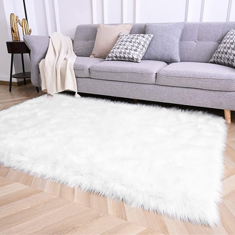 Haja Fluffy Faux Sheepskin Fur Shag Area Rug in White, Rectangle 6'6" x 10'