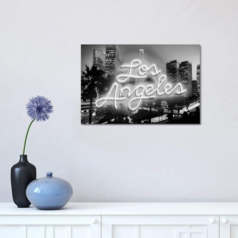 Neon Los Angeles White On Black by Hailey Carr - Wrapped Canvas Print, 30.48cm H x 45.72cm W x 1.9cm D