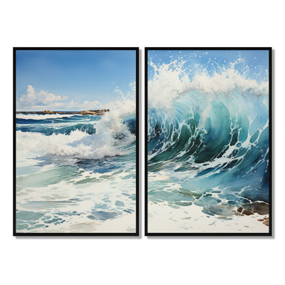 Beach Surfs Up Pointillism I - Reproduction d'art côtier sur toile 2 panneaux