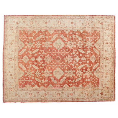 Tapis de zone en laine beige/rouge 9 pi x 12 pi noué la à la main one-of-kind Indian