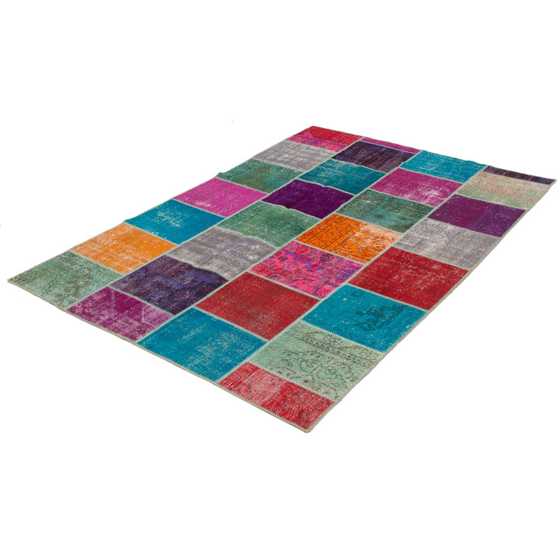 Tapis décoratif en laine de conception unique noué à la main des années 1980 6 pi 9 po x 9 pi 10 po en bleu/rose/mauve