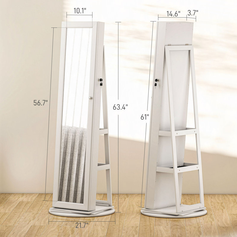 Miroir verrouillable pour armoire à bijoux, miroir pleine longueur pivotant à 360 °, avec tablettes de rangement, Blanc