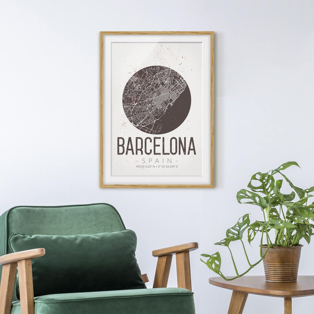 Gerahmtes Poster Retro Barcelona Straßenkarte