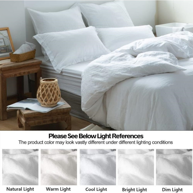 White Queen Size Linen Duvet Cover Set with Pillowcases