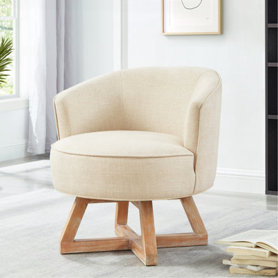Chaise pivotante avec base en bois en forme de croix, chaise longue avec pieds en bois massif, chaise pivotante à 360 °, tissu en lin classique pour salon, chambre à coucher, bureau, commode - beige