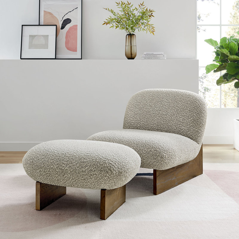 Loyal Boucle Fabric Accent Chair And Ottoman Set, Walnut, River Rock Fabric