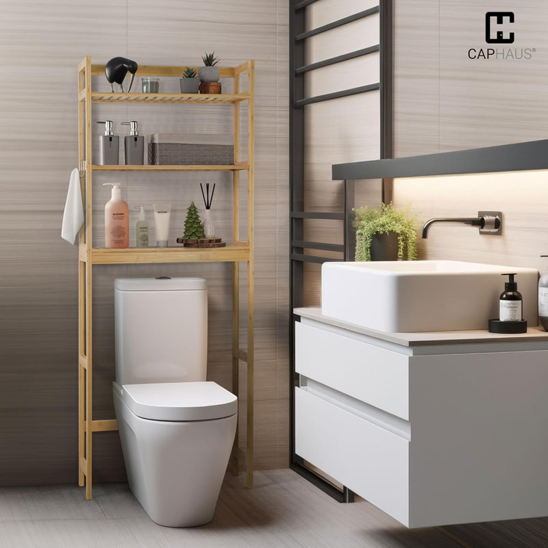 24-Inch Bamboo Over The Toilet Storage with Hooks & Adjustable Bottom Bar, Multiple Options, Natural