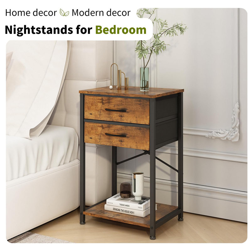  3-Tier Side Table, Multi-Functional Storage With Fabric Drawer, Brown, Ideal For Printer Stand, Bedside Table, And Sofa Table