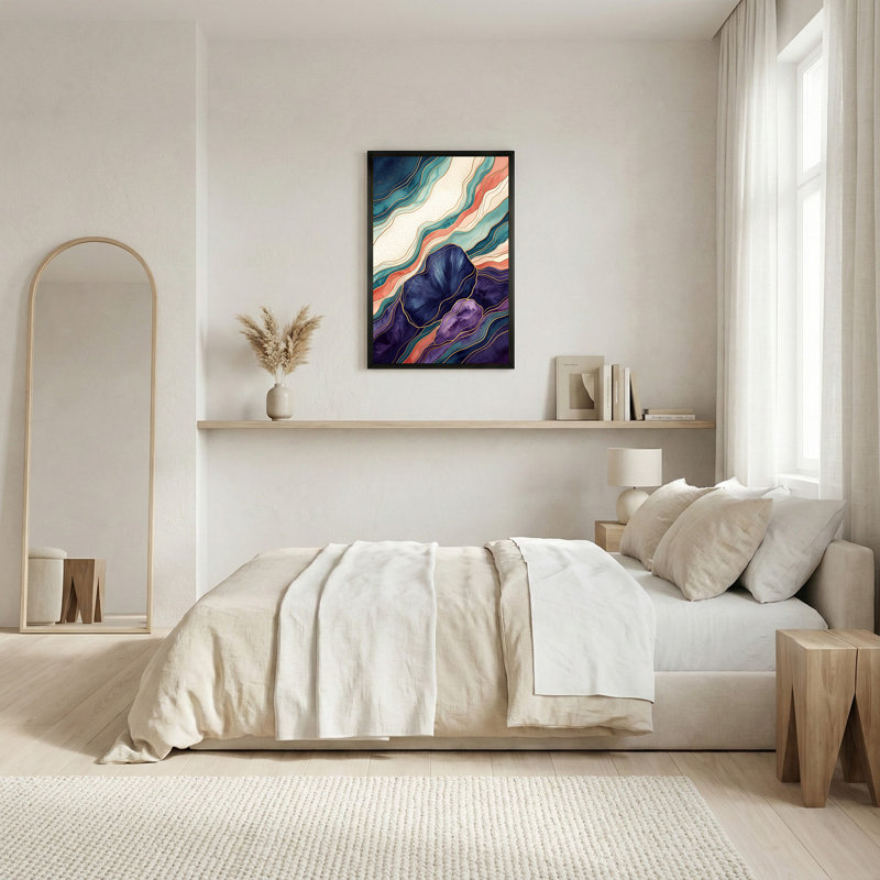 Toile abstraite avec couches fluides bleu sarcelle mauve et lignes dorées, 24"H x 16"W