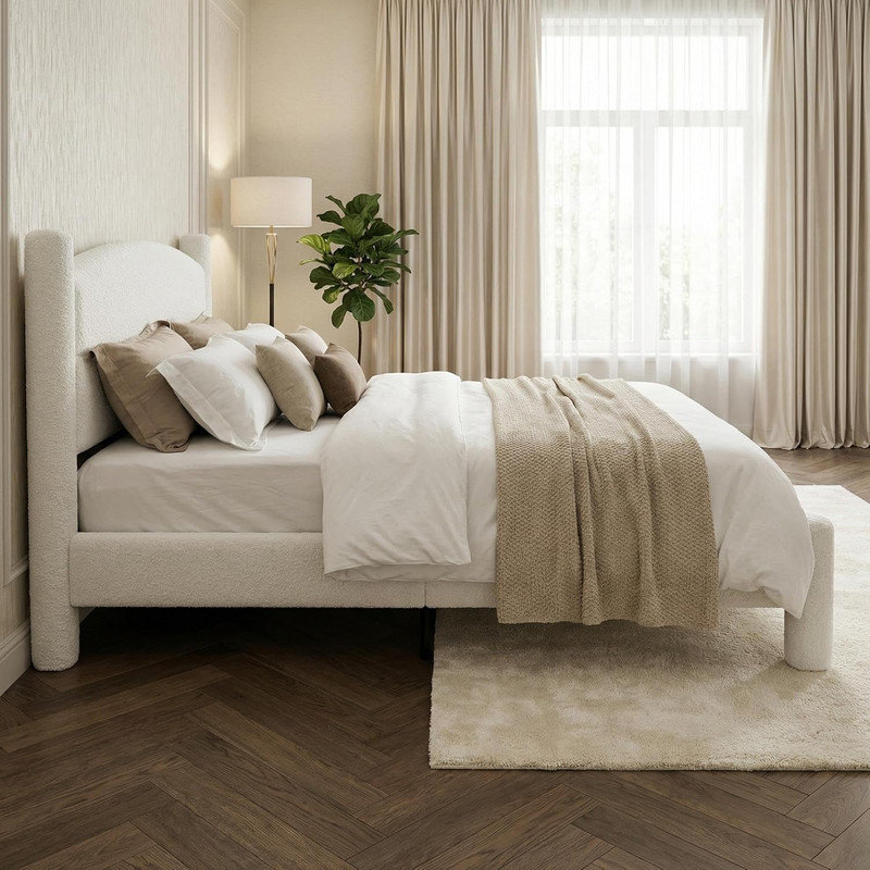Boucle Upholstered Platform Cloud Bed with Round Headboard & Cylindrical Legs, Heavy Duty Noise-Free, No Box Spring Needed for Bedroom