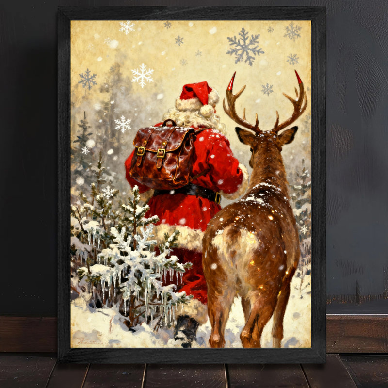 Père Noël rétro noir encadré avec art mural de style rétro, H 17 po x l 13 po